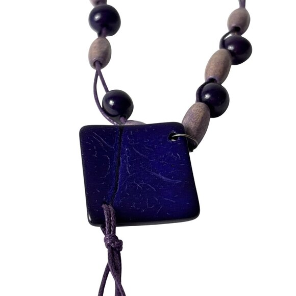 Purple Wooden Beaded Necklace Square Pendant Adjustable Cord 18 - 26 inches Long - Picture 5 of 6